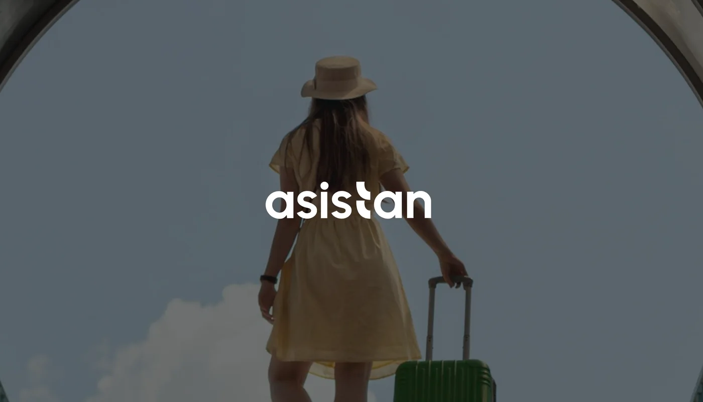 Asistan logo over a photo of a traveller with a suitcase
