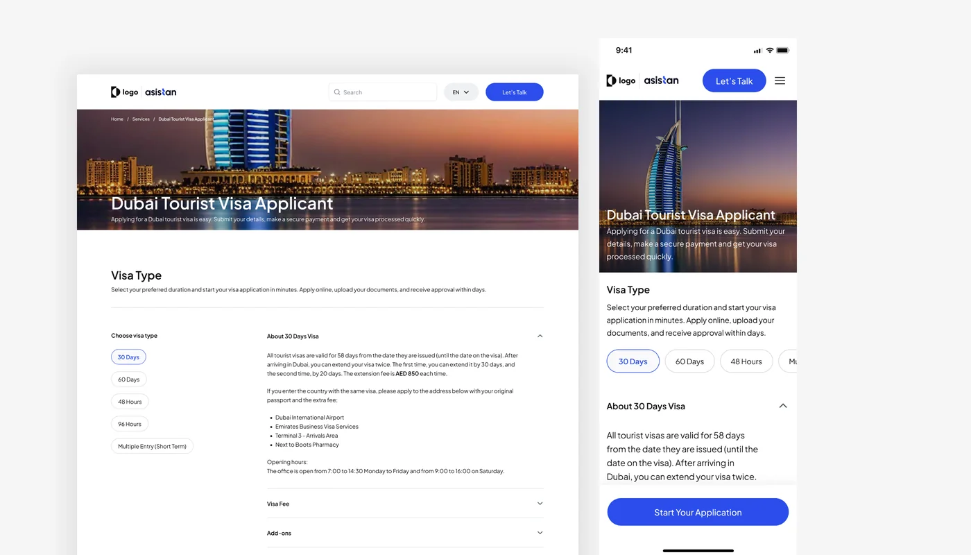 Asistan Dubai tourist visa page on desktop and mobile