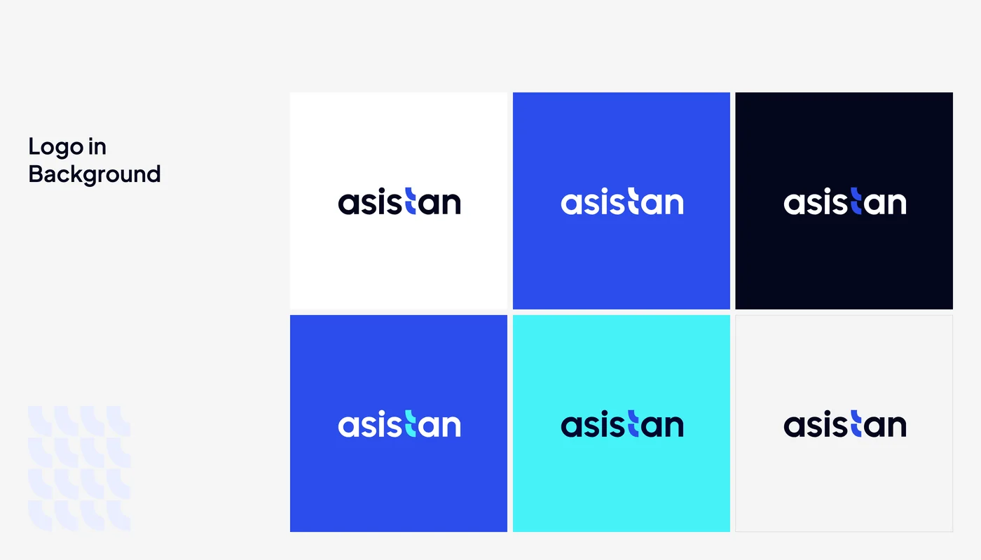 Asistan logo on white, blue, dark and cyan backgrounds