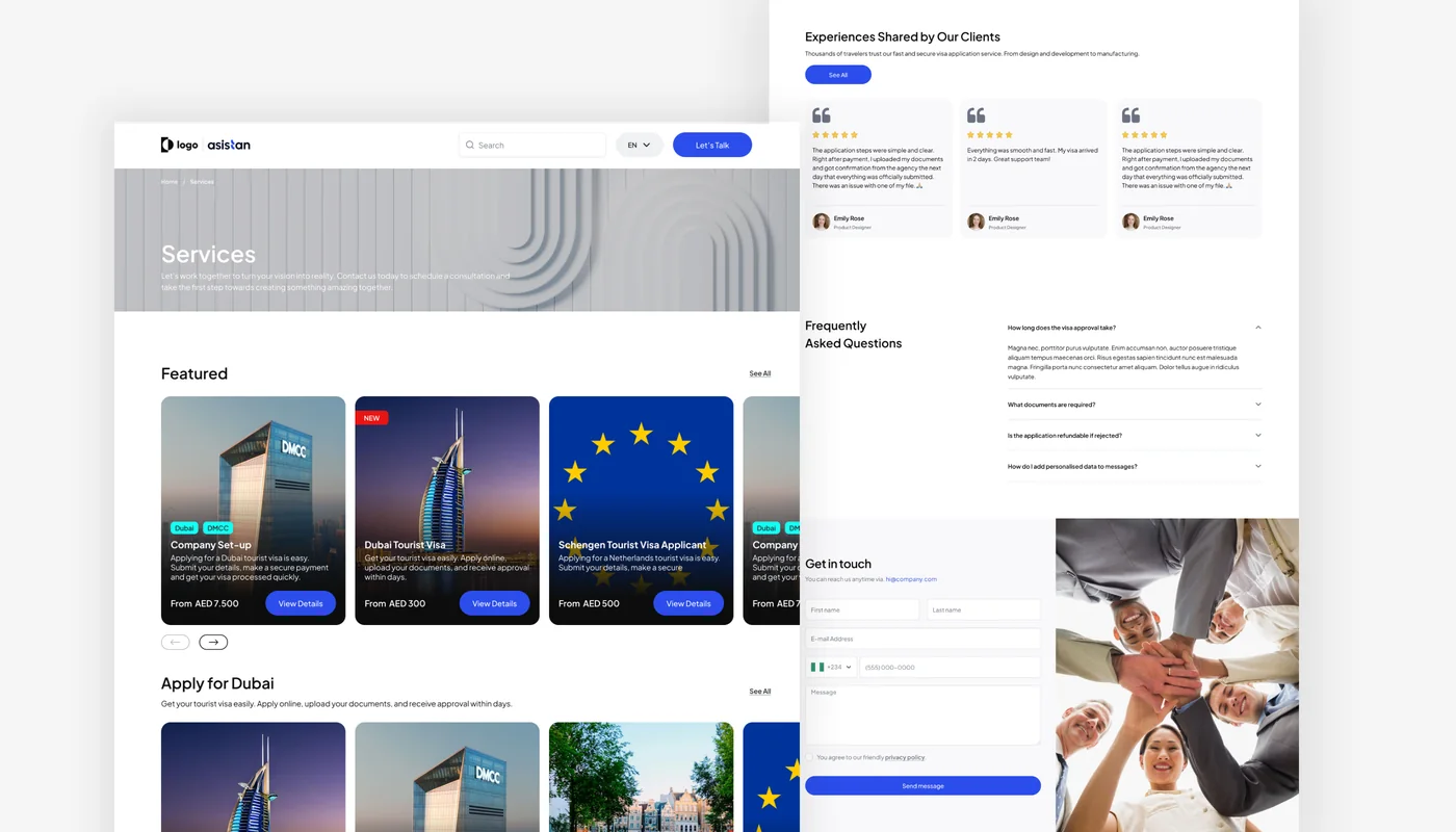Asistan website services and testimonials pages