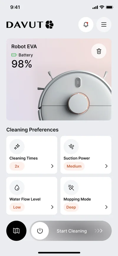 DAVUT app, robot status and cleaning preferences