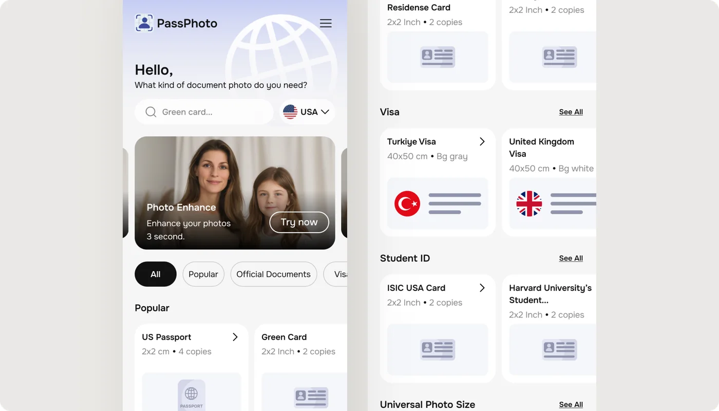 PassPhoto home screen with document categories