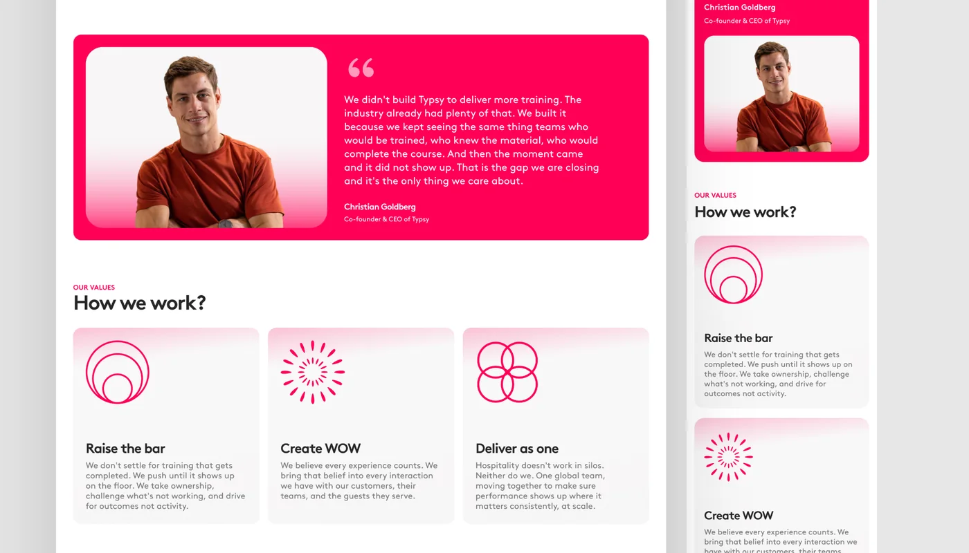 Typsy About page with founder quote and company values