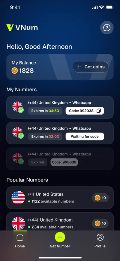 VNum app, home screen with numbers