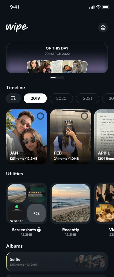 Wipe app, timeline screen