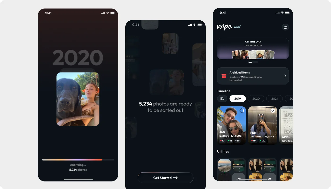 Wipe home, timeline and month screens