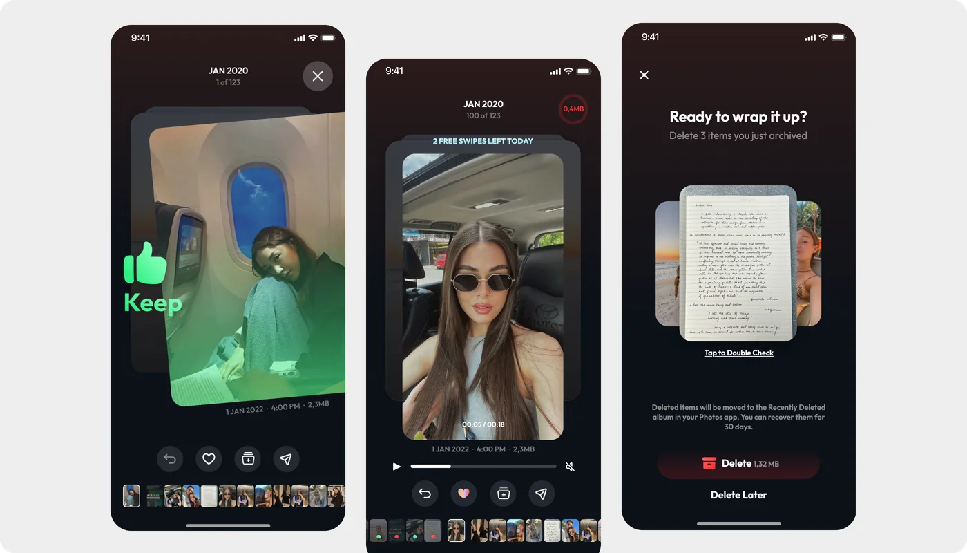 Wipe swipe screens, keep, video review and delete confirmation