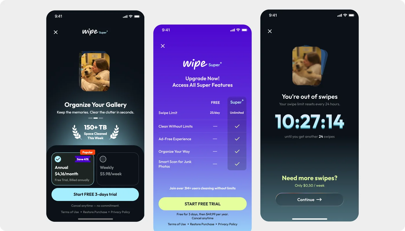 Wipe paywall, Super plan and daily swipe limit screens